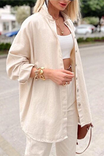 MY IMAGINE MODA Kadın Ham Keten Oversize Gömlek Pantolon Takım