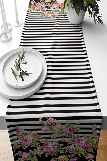 on the clouds Black Striped Floral Pattern - Non-Slip Fabric Living Room Kitchen Table Runner
