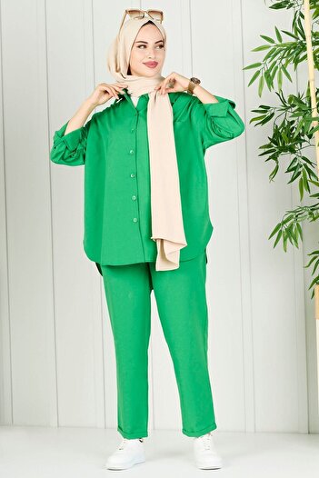 TOFİSA Green Women's Tunic Trousers - Straight Shirt Collar - 10563