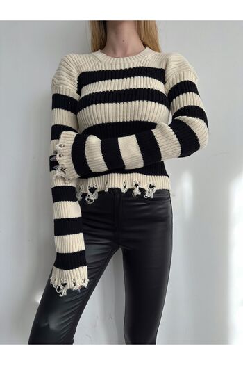 BEJNA Women's Ripped Detailed Striped Knitwear Sweater