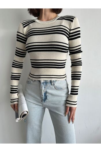 BEJNA Women's Ecru Crew Neck Striped Crop Basic Knitwear Sweater