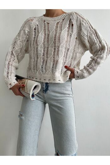 BEJNA Women's Stone Hair Braided Slotted Seasonal Knitwear Sweater