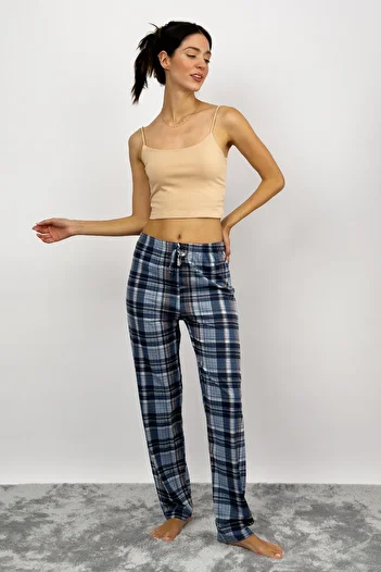 Betimoda Pijamale portocalii pentru femei - Pantaloni de trening din bumbac cu model în carouri cu panglică