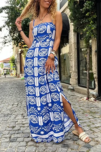 Güneşkızı Rochie lungă pentru femei cu bretele cu nervuri cu imprimeu albastru - Despicată BST3627