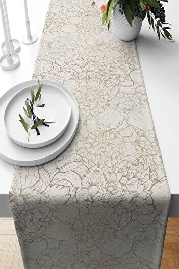 on the clouds White Gold Floral Pattern - Stain Resistant Fabric Living Room Kitchen Table Runner