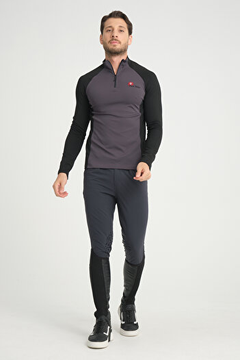 PEUR RIDER SHOP Black Sleeve Anthracite Garnished Zippered Long Sleeve Men's Riding T-Shirt
