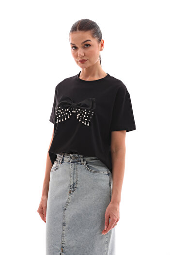 Pulli Collection Μπλουζάκι με αξεσουάρ μαύρο μαργαριτάρι - PLL-6163