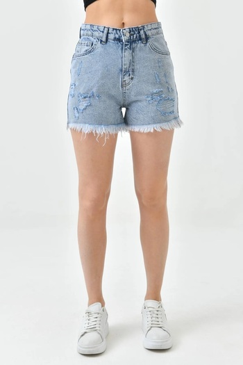 WOMAN VISION High Waist Lycra Free Light Blue Denim Shorts - Ripped Detail Jeans 70363