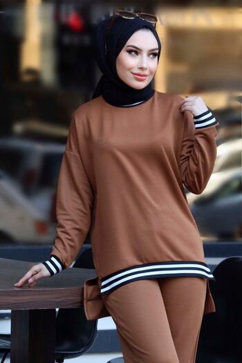 TOFİSA Women's Tan Tunic Trousers - Plain Crew Neck - 11321
