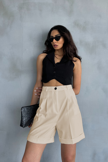 Ortaya Çık Beige Palazzo Shorts - Double Legs, Pleated Fabric
