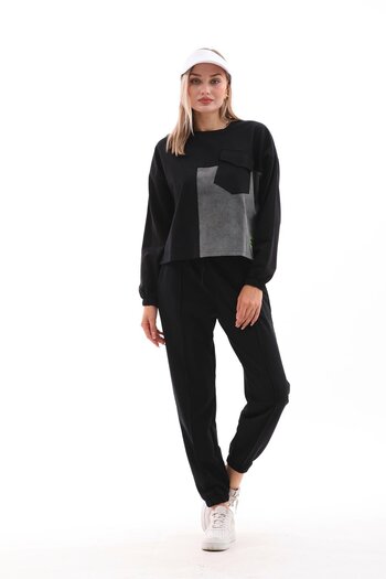 WestBound Black Women's Tracksuit Set - Denim Piece and Pocket Detail
