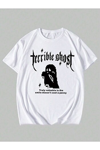 Mad&Calf Λευκό μπλουζάκι Unisex Terrible Ghost με στάμπα Oversize