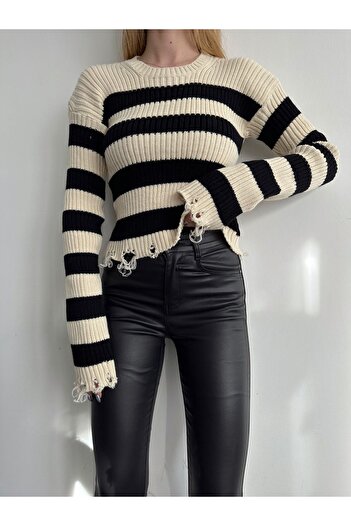 BEJNA Women's Ripped Detailed Striped Knitwear Sweater