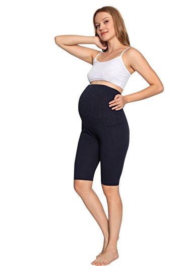 MyBen Women's Navy Blue Adjustable Waist Pregnant Maternity Cotton Capri-shorts 2022-irf05