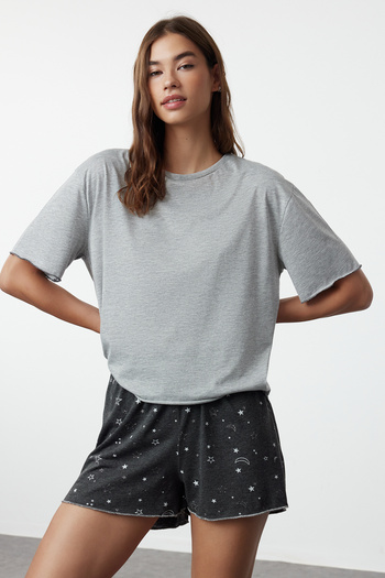 Trendyol Collection Bavlněný pyžamový set s šedým melanžovým vzorem Galaxy - THMSS24PT00203