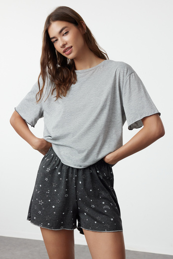 Trendyol Collection Bavlněný pyžamový set s šedým melanžovým vzorem Galaxy - THMSS24PT00203