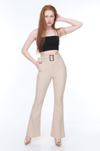 Bluence Waist Belted Flare Leg Ecru Fabric Trousers