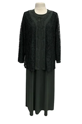 HESNA Plus Size Mother's Evening Dress Set with Green Bunch Jacket