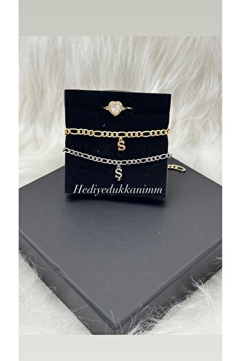 Hediyedukkani Kararmaz Çelikli 2 adet harfli bileklik sevgili , çift , arkadaş , bilekliği,yüzük  Gold , gümüş