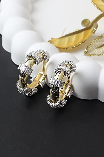 BY BARUN SİLVER Halka Baget Silver Beyaz Zirkon Taşlı 925 Ayar Gold Sarı Renk Gümüş Küpe