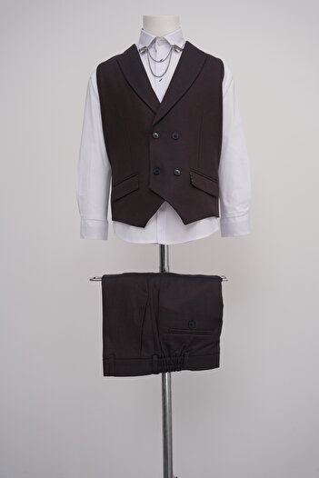 Micio Boy's Brown Dobby Vest and Trousers Set