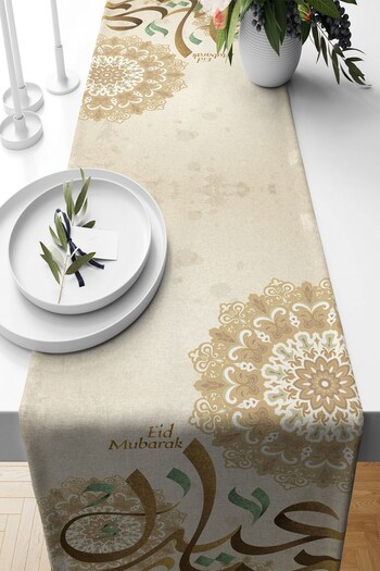 on the clouds Beige Eid Mubarak Themed - Stain Resistant Fabric Living Room Kitchen Table Runner