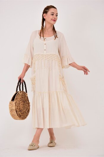 Park Moda Adn5383 Embroidery and Tassel Detail Raw Boho Dress