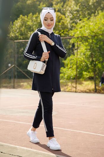 TOFİSA Navy Blue Hooded Collar Tunic and Trousers for Women - 4126