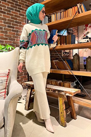 TOFİSA Ecru Women's Knitwear Tunic and Trousers Set - Plain Medium - 21801