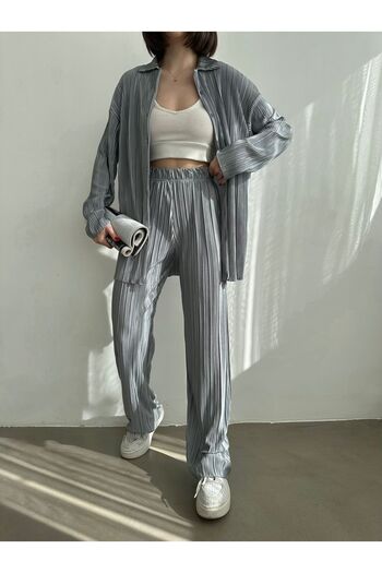 BEJNA Women's Gray Pleated Shirt Pants Bottom Top Set