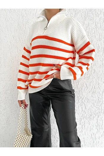 BEJNA Orange Zippered Women's Knitwear Sweater