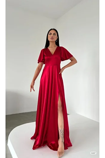 dükkan10butika Red Women's Evening Dress - Long Slit, Bat Sleeve, V-Neck, Low Back Engagement and Wedding Evening Dress