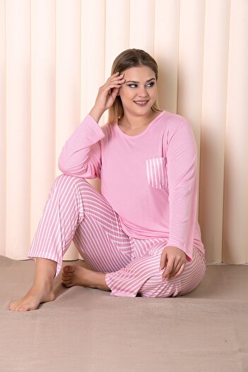 MyBen Pink Colored Striped Long Sleeve Battal Pajama Set B-1