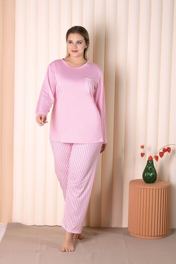 MyBen Pink Colored Striped Long Sleeve Battal Pajama Set B-1