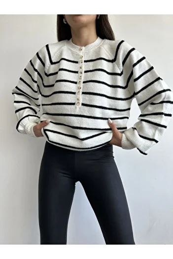 BEJNA Women's Black Collar Buttonhole Striped Knitwear Sweater