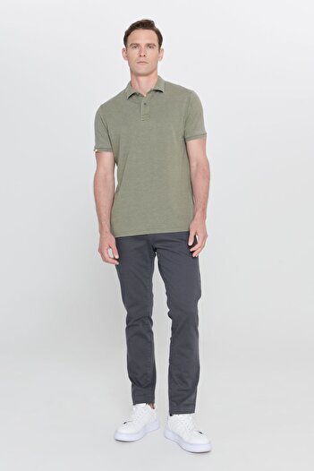 ALTINYILDIZ CLASSICS Men's Khaki Slim Fit Slim Fit Cotton Embroidery Detailed Polo Collar T-Shirt