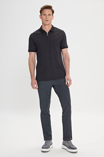 ALTINYILDIZ CLASSICS Men's Black Slim Fit Narrow Cut Zipper Collar 100% Cotton Printed T-Shirt
