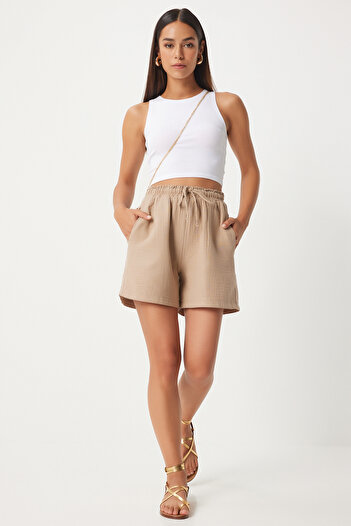 Happiness İstanbul Beige Muslin Women's Shorts - Pockets, MX00168