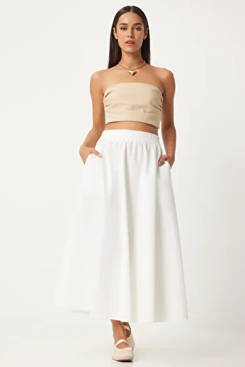 Happiness İstanbul White Linen Maxi Women's Skirt - GP00011