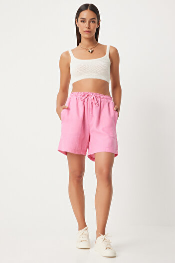 Happiness İstanbul Pink Muslin Women's Shorts - Pockets, MX00168