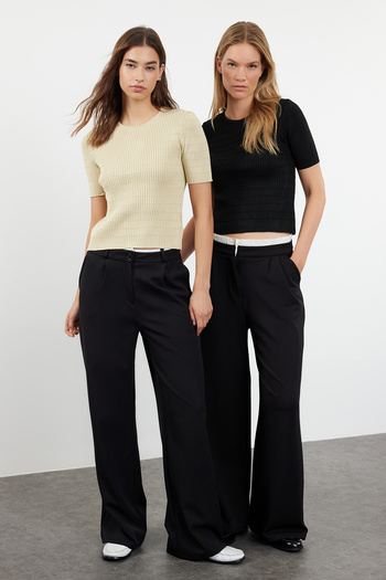 Trendyol Collection Black and Stone Color Basic Short Sleeve Knitwear Thin Blouse - TWOAW25BZ00102