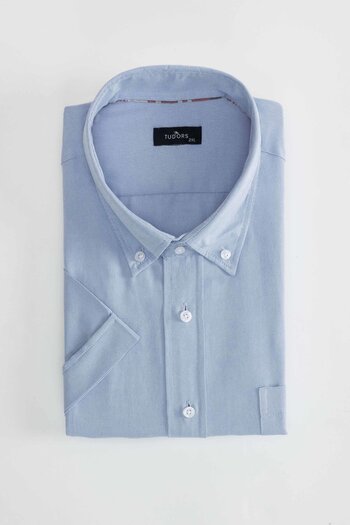 Tudors Men's Blue Oxford Cotton Shirt - Plus Size, Single Pocket, Short Sleeve
