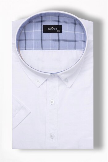 Tudors Men's Plus Size Short Sleeve Comfortable Cut Cotton Easy-Iron Buttoned Collar Plain White Sports Embedded
