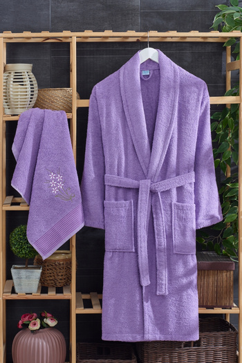 TABEA HOME Arya Embroidered Cotton Bathrobe Set - With Towel
