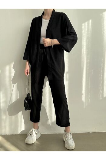 BEJNA Women's Black Kimono Trousers Knitted Set