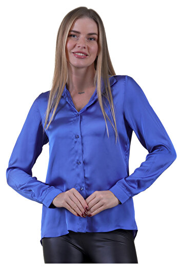 Exve Exclusive Blue Lightly Flowing Back Gusseted Satin Woven Women's Shirt
