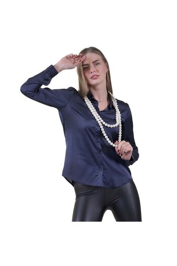 Exve Exclusive Navy Blue Lightly Flowing Back Gusseted Satin Woven Women's Shirt