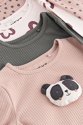 Next Baby Pamuklu Krem Kahve Panda Çiçek Desenli Uzun Kollu Taytlı Takım