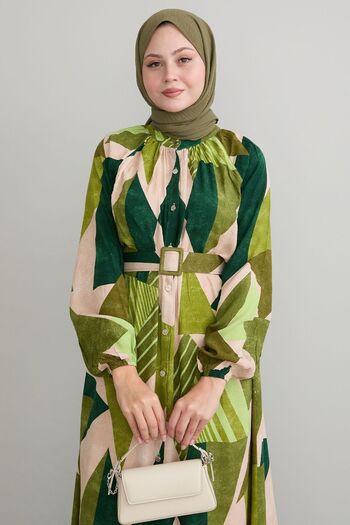 InStyle Khaki Viscose Dress - Geometric Pattern and Belt