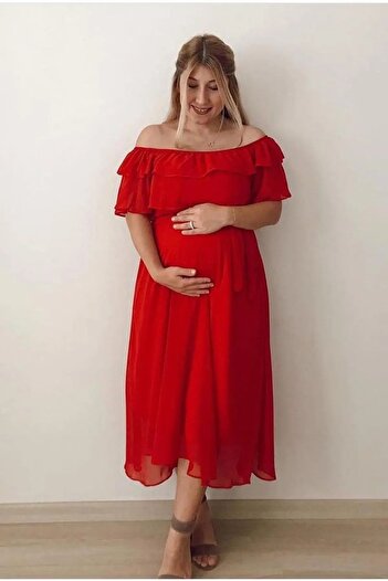 Bersi Butik Kadın Kırmızı Carmen Yaka Şifon Elbise
